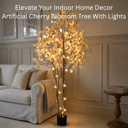 White Artificial Cherry Blossom Tree with Lights - 6ft Indoor Decor - Faux Sakura Tree for Living Room & Events