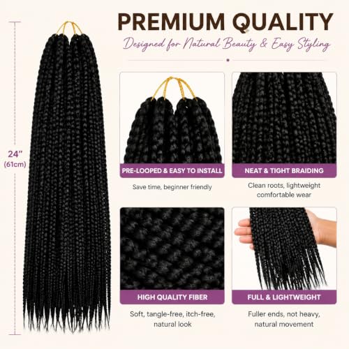 Pre-Looped Crochet Braids - 24 Inch Black 1B - 6 Pack of Synthetic Hair Extensions