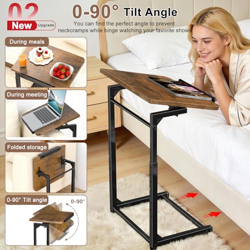 Brown 2-Pack Adjustable TV Tray Tables with Tilt & Phone Slot - Foldable Couch Side Desks