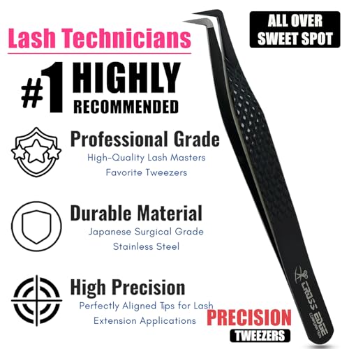 CrossEdge Corporation Fiber Tip Lash Tweezers for Eyelash Extension Curved 90 Degree Angle Boot Tweezer Best for Volume, Individual Isolation & Classic Lashes Stainless Steel Lash Supply (Black)