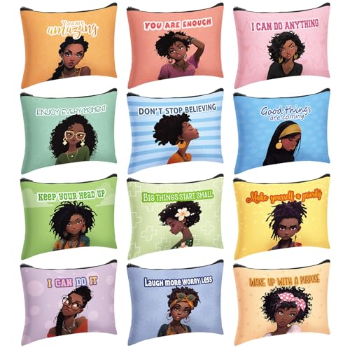 Silkfly 24 Pcs African American Gifts Black History Month Black Girl Women Makeup Cosmetic Bag Afro Queen Inspirational Canvas Toiletry Travel Organizer Purse African American Party Favor