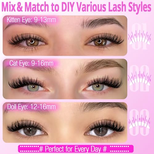 Yawamica Lash Clusters Kit 320pcs Eyelash Clusters D Curly 9-16mm 40D Individual Lashes Wispy Lash Extension Kit with Bond and Seal and Lash Remover and Lash Applicator for Eyelash Extension Beginners