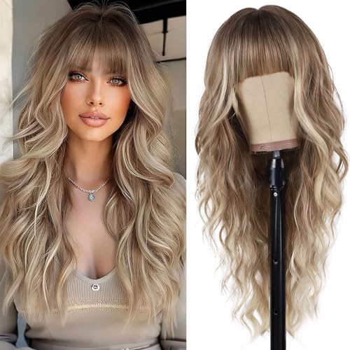 Ombre Blonde Curly Wigs with Bangs - Long 26 Inch Synthetic Heat-Resistant Hair for Women