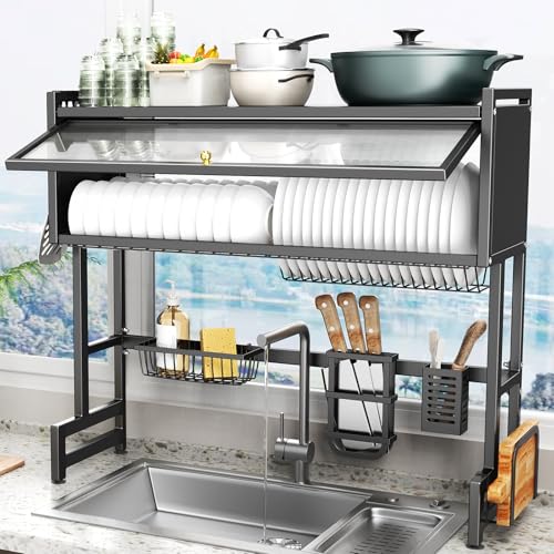 CUISIBOT 37.4in Over-Sink Dish Drying Rack with Lid, 3-Tier Stainless Steel Black
