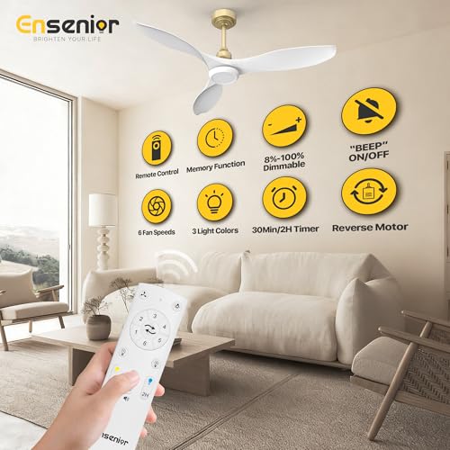 Ensenior 52 Inch Reversible Ceiling Fan with Lights & Remote - White & Gold