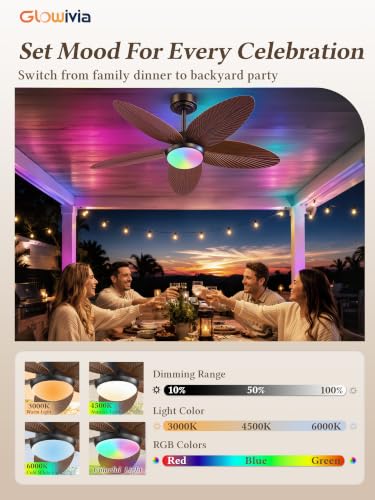Brown 42 Inch Outdoor Tropical Leaf Ceiling Fan with RGB Light & Remote
