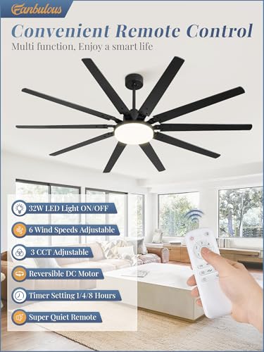 72 Inch Ceiling Fan with Lights and Remote Control - Black, Large Space, 32W LED