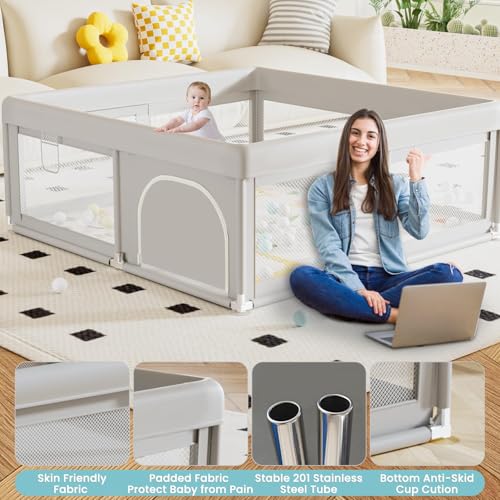 Baby Playpen with Mat and Ocean Balls - Light Grey + 50x50 Inch Play Area