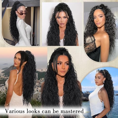 30 Inch Black Curly Ponytail Extension with Claw Clip - Long Wavy Hairpiece for Women