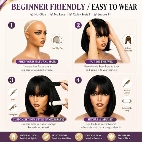 Black Short Bob Wig with Bangs - 12 Inch Synthetic Glueless Wig for Women - Amaattee