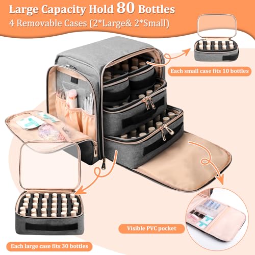 Large Nail Polish Organizer Bag Holds 80 Bottles (15ml/0.5 fl.oz), Portable Nail Lamp Kit Shoulder Case with 4 Removable Pouches, Multiple Pockets for Nail Supplies Storage (Elegant Gray)