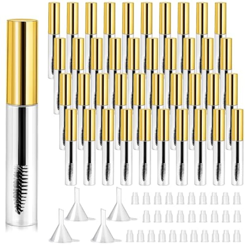 Maitys 40 Pieces 10 ml Empty Mascara Tubes Eyelash Wand Refillable Clear Bottles Eyelash Cream Container Bottle with 4 Pieces Transparent Funnels Transferring Castor Oil for DIY Cosmetics (Golden)