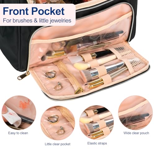 Travel Toiletry Bag Large Cosmetic Makeup Bag Organizer for Women,Wide-open Make Up Bag Waterproof Makeup Case Travel Bag with Handle and Dividers for Toiletries,Essentials,Accessories,Black