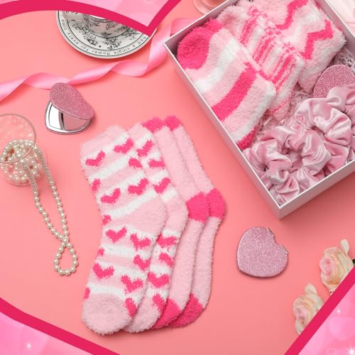 30 Pcs Galentines Gifts Bulk for Girl Women Valentine's Gifts Include 10 Pink Scrunchies 10 Folding Heart Mirror 10 Fuzzy Socks for Women Friends Female Girls Sister Present Birthday