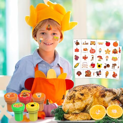 96PCS Thanksgiving Party Favors - 72PCS Pre-Cut Temporary Tattoos & 24PCS Stamps - Ideal Fall Harvest Pumpkin Autumn Themed Birthday Card Decorations Supplies Goodie Bag Baby Shower Kids Gifts Rewards
