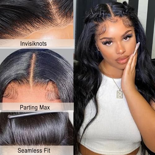 20 Inch Synthetic Lace Front Wig for Black Women - Body Wave, Natural Black, Pre Plucked, Long Straight, Layered, Variation of Natual Black-BW