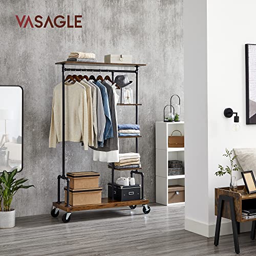 VASAGLE 5-Tier Industrial Clothes Rack on Wheels, Rustic Metal & Wood Garment Organizer