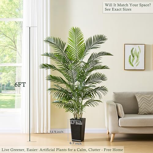 6FT Artificial Areca Palm Tree with Black Planter - Realistic Indoor Faux Plant