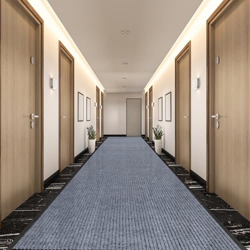 GOOFCXO 3x16.4 ft Outdoor Runner Rug Double Stripes Waterproof Non-Slip Hallway Mat Grey