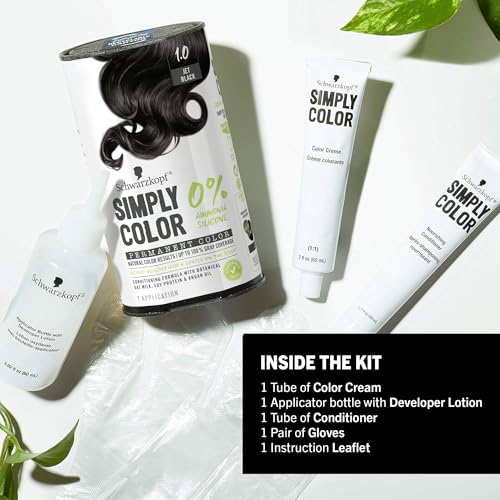 Schwarzkopf Simply Color Jet Black Permanent Hair Dye 4-Piece Set, Long-Lasting & Nourishing