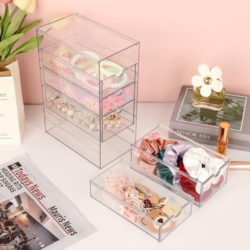 Hipiwe 5-Drawer Plastic Storage Organizer for Hair Accessories, 6.9Lx4.1Wx9.8H - Clear