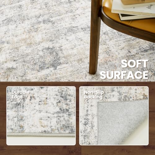 Grey Beige Washable Area Rug 8x10 for Living Room Vintage Print - Pet-Friendly