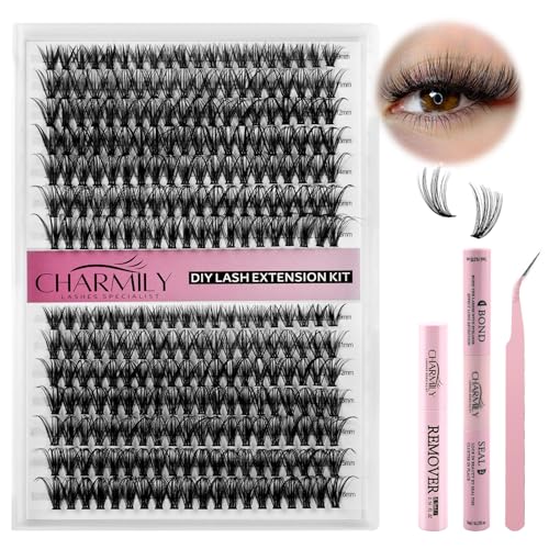 DIY Lash Extension Kit - 280pcs Lashes Clusters 0.07D 40D+50D Mix, 9-16mm D Curl Soft Wispy Lash Clusters Kit with Bond, Seal, Remover & Tweezers for Easy At-Home Application Nature Look