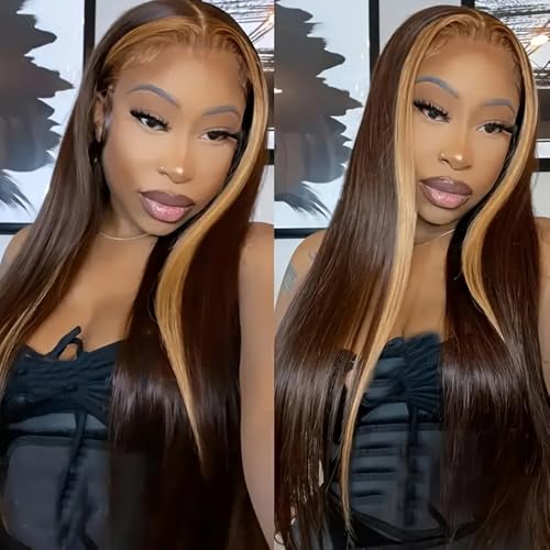 Brown Hair Color Lace Front Wig 24 Inch Long Straight Hair with Honey Blonde Highlights - Variation F27P