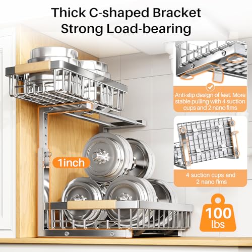 Under Sink Organizer 2-Tier Pull-Out Storage Shelf - Silver, Adjustable Height
