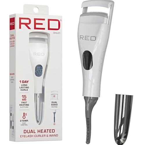 Red by Kiss Dual Heated Eyelash Curler & Wand (2-in-1), Fast Heat Mini Travel Electric Lash Curler with USB-C, Silicone Comb, LED Display, 24 Hours Long Lasting, 3 Heating Mode (White)