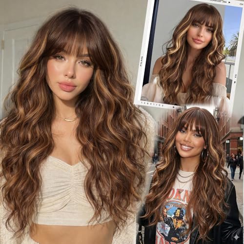 Long Wavy Synthetic Wig for Women - Chocolate Brown with Highlights and Bangs, 26 Inch