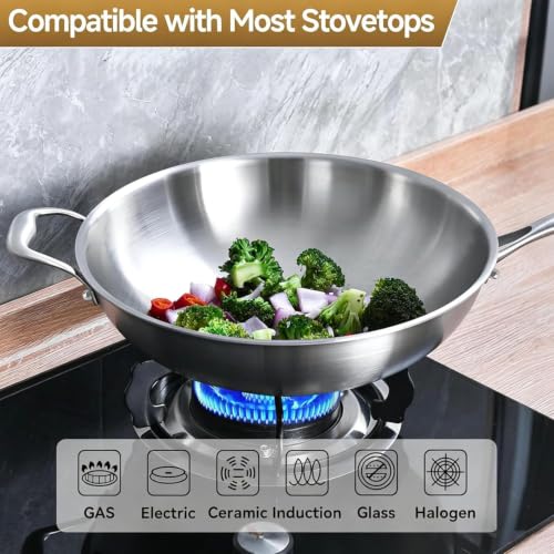 LOLYKITCH 14.5 Inch Tri-Ply Stainless Steel Wok Pan No Lid