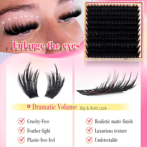 Volume Lash Clusters Kit with Spikes Lash Extension Kit 300D Lashes Cluster Eyelash Clusters 10-18mm Thick D Curl Lash Clusters 3D Fluffy Cluster Eyelash Extensions Lash Bond and Seal Tweezers Brush