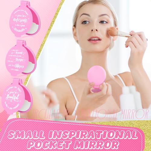 Wenqik 64 Pcs Pink Inspirational Mini Compact Mirrors for Purse Women Small Gifts Bulk, Round Makeup Folding Hand Mirrors, Client Guest Gifts Ideas, Women's Day Party Favors for Bridal Wedding