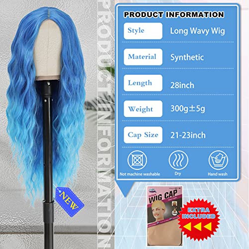 BUPPLER Blue Long Wavy Cosplay Wig 28 Inch Middle Part Synthetic Hair for Women