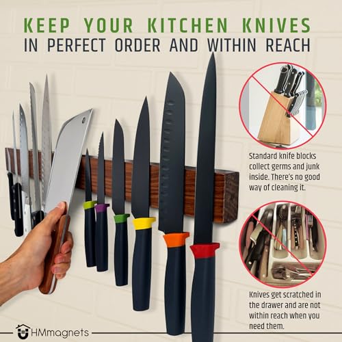 24 Inch Dark Walnut Magnetic Knife Holder - Wall Mount Kitchen Organizer - Upgraded Strong Magnets