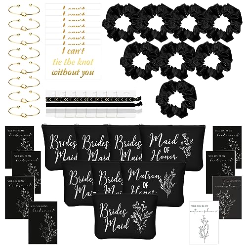 Cunno 48 Pcs 8 Sets Bridesmaid Proposal Gifts Bulk Wedding Will You Be My Maid of Honor Matron of Honor Bridal Shower Makeup Bags Scrunchies Bracelets Cards for Wedding Bridesmaids(Black)
