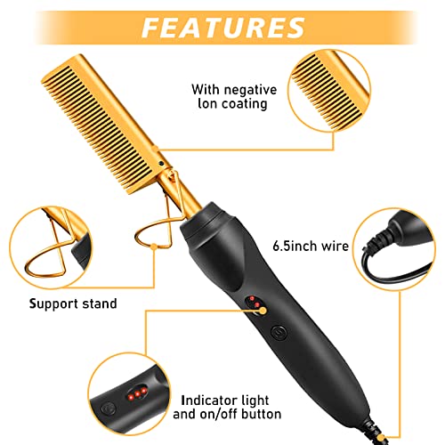 Electric Hot Comb Hair Straightener for Wigs and Natural Hair - Gold 12pcs Set