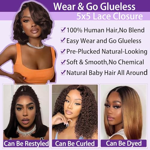 Brown Color 16-inch Human Hair Bob Wig - Glueless, Pre-Styled, Realistic Lace Closure