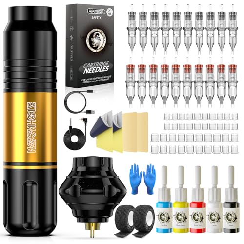 Wireless Rotary Tattoo Gun Kit with 1050mAh Battery - Gold Finish, Complete Professional Tattoo Equipment