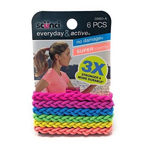 Scunci Everyday & Active Braided No Damage and Super Comfy Hair Elastics Bundle - Black and Multi-Colored, 3 Packs (18 Count)