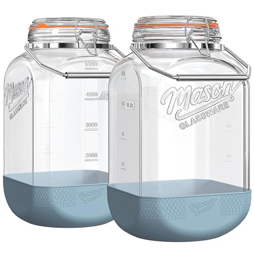 Square 1.5 Gallon Glass Mason Jar with Airtight Lid & Handle - 2 Pack