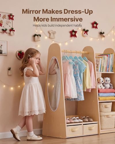 Kids Wooden Triangular Dress Up Closet with Mirror & Storage - Toddler Wardrobe for Little Girls