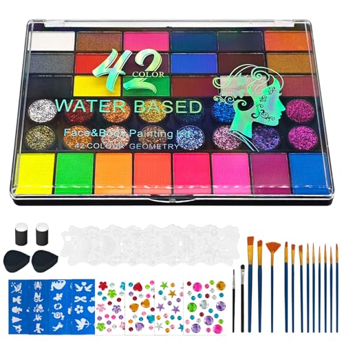 Professional Face Painting Kit, Water-Based Non-Toxic Makeup Set with Stencils, Gems, Brushes for Halloween, Carnival, Parties, School Events, Festivals (42 Colors)