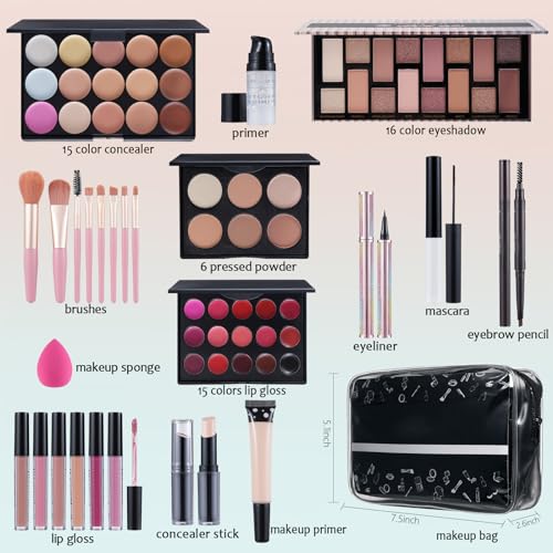 Full Makeup Kit for Women and Teens – Eyeshadow, Lip Gloss, Brushes & More