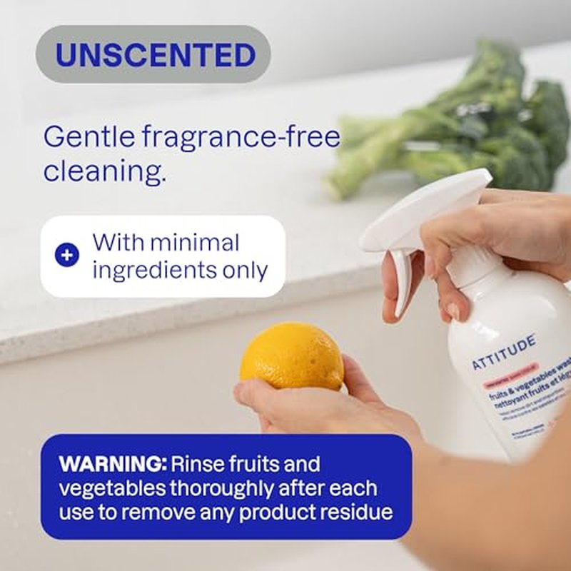 ATTITUDE Fruit & Vegetable Wash, Unscented Food-Safe Produce Wash to Remove Dirt, Wax & Residue, Vegan Plant-Based Produce Cleaner, 67.6 Fl Oz (Pack of 4)