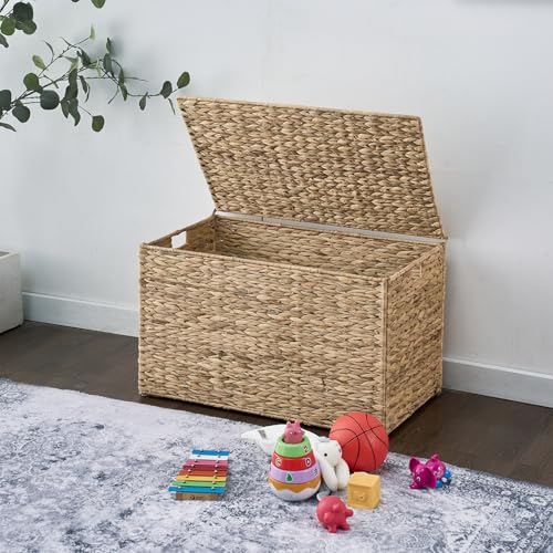 Water Hyacinth Storage Basket with Lid - 105L Natural Wicker Bin 26x15.7x15.7 Inches