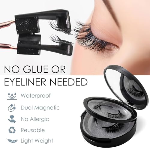 No Glue Magnetic Eyelashes with Applicator, 3D Reusable Magnetic Lashes Natural Look for Office & Daily Wear, Mess-Free Dual Magnetic Eyelash Kit, Lightweight & Windproof