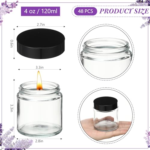 48 Pcs 4 oz Clear Glass Jars with Black Lids Leakproof Round Airtight Jars Empty Cosmetic Jars with Inner Liners Lid for Candle Making Storing Lotions Spice Powder Liquid Sample Makeup (Black,clear)