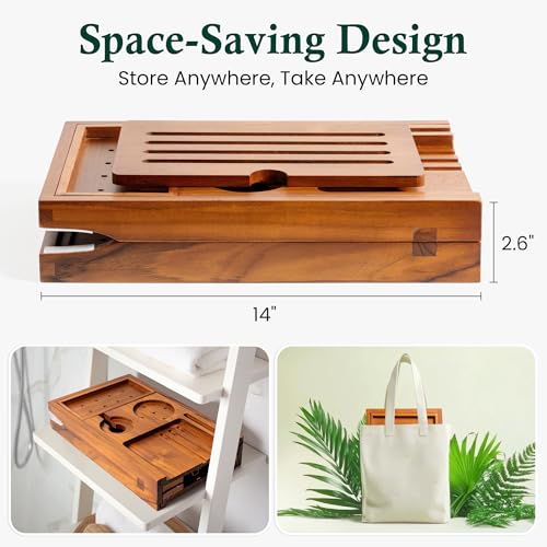 Realgulf Classic Teak Finish Adjustable Bathtub Caddy Tray Organizer